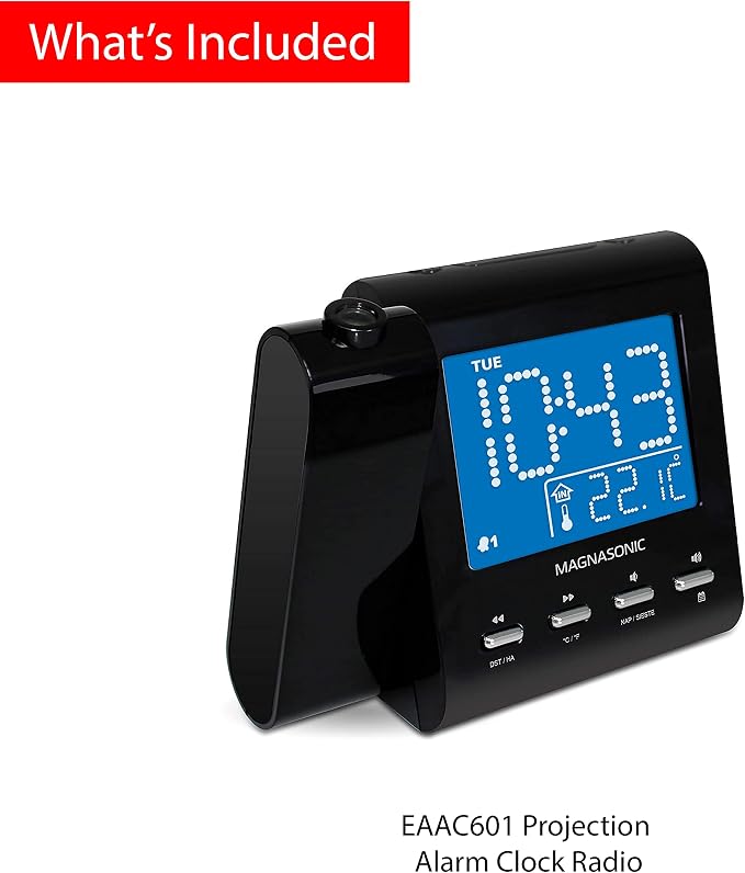 Magnasonic Projection Alarm Clock with AM/FM Radio, Battery Backup, Auto Time Set, Dual Alarm, Nap/Sleep Timer, Indoor Temperature/Date Display with Dimming & 3.5mm Audio Input - Black (EAAC601)