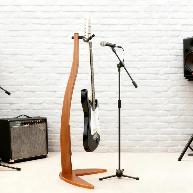 MUSO Guitar Bass Hanger Stand, Solid Wood Bow Holder Mermaid Shaped for Display and Storage, 42 inches Height Anti-scratched and Anti-bump, Deorate Studios, Living room and Stage (Sapele, 1)