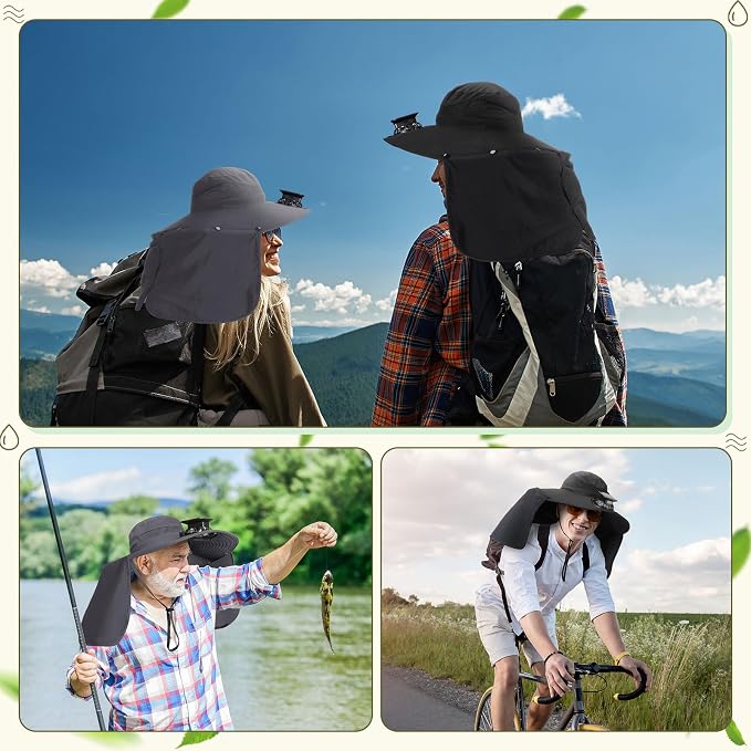 Maiteenly 2 Pcs Solar Fan Hat for Men with Neck Flap Bucket Fan Buit in Hats for Hiking Fishing Outdoor USB and Solar Powered