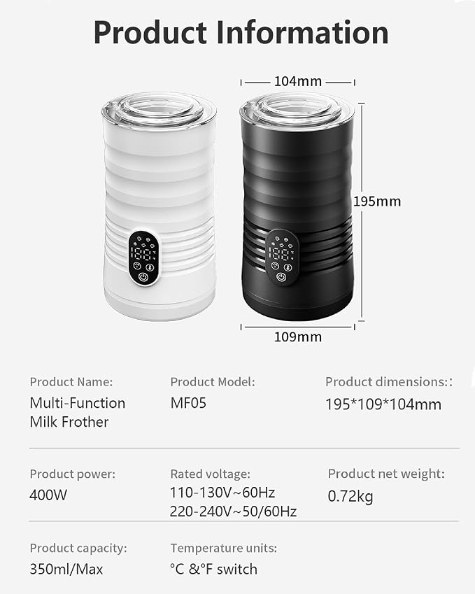 Milk Coffee Frother and Steamer,Temperature Display, 350lm, Burn-Free Base, Easy To Clean, 96% High Foam Rate,Ultra-Quiet Operation,Electric Cold Foam Maker Machine,Hot Chocolate Frother - Black