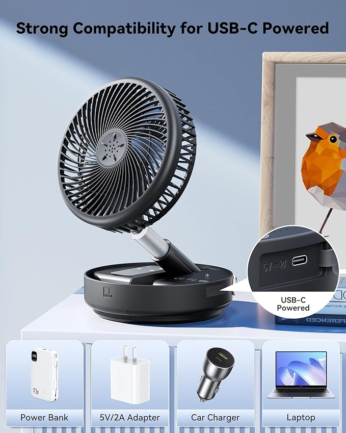 Portable Oscillating Travel Fan, 10400mAh Battery Operated Rechargeable USB Floor Table Desk Fan with Remote, 4 Speed Settings Pedestal Fan for Home Bedroom Office Camping, Black 8"