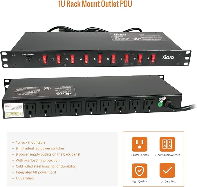 Tecmojo 9-Outlet Rack Mount Overloading Protection Circuit Breaker PDU, with Individual Switch 6ft Cord for IT and Network Racks and Cabinets