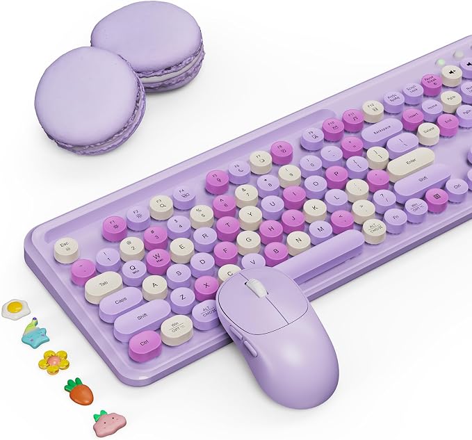 Wireless Keyboard and Mouse Combo with Phone/Tablet Holder, Full-Size Typewriter Keyboard, Retro Round Keycaps, 3-Level DPI Mouse, 2.4GHz Cordless Connection for Windows/PC/Laptop (Lavender & Cream)