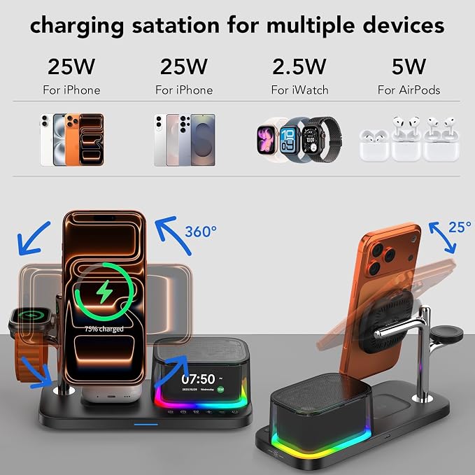 Alarm Clock with Wireless Charging,7 in 1 Charging Station with Night Light,Bluetooth Speakers,Qi2 25W Magnetic Charger for iPhone 17 16 15 14 13 12 Pro Max Plus Apple Watch Airpods,Bedroom