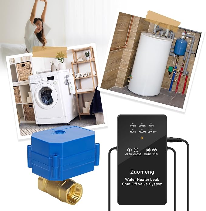 WiFi Water Leak Detector with Automatic Shutoff Valve,Zuomeng Smart Water Heater Remote Stop Device with Leak Sensor, Leakage Alert Push, 3/4" NPT 150PSI Brass Valve, Get Rid of Water Leakage