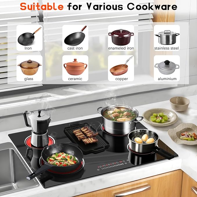 30 Inch Electric Cooktop 5 Burner 8400W Electric Stove 30 Inches Built-in Ceramic Stovetop with Touch Control, Timer, 9 Power Level, Safety Lock & Pause, 220V-240V Hard Wird (No Plug)
