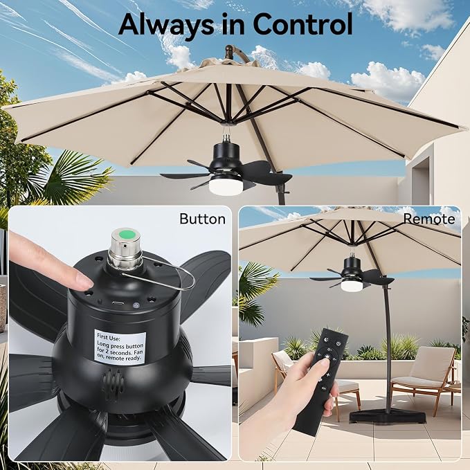 Portable Solar Ceiling Fan with Lights,18.5in Outdoor Fan with Foldable Solar Panel, Remote Control Stepless Dimmable, Timer, 3 Speeds 30dB, Tool-Free Setup for Camping Greenhouse Chicken Coop, Black