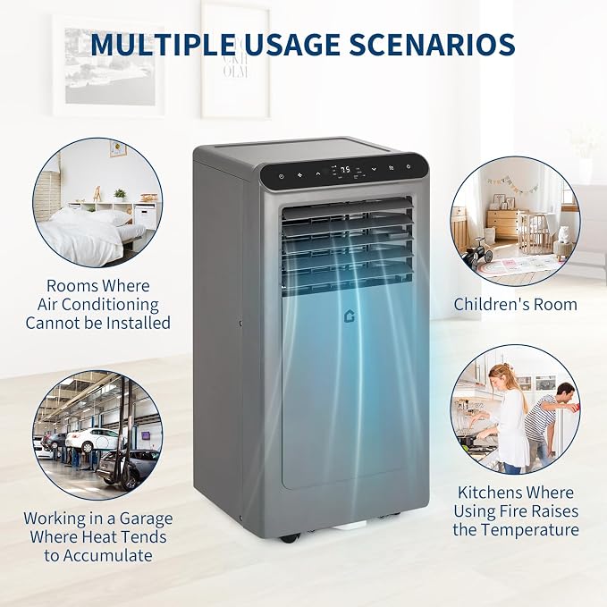 10000 BTU Portable Air Conditioners, 4-In-1 Portable AC Unit for Rooms Up to 450 Sq. Ft, Dehumidifier, Fan, Energy Saving, Remote Control, 24 Hour Timer, Sleep Mode, for Bedroom/Office,Grey