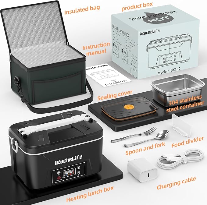 Heated Lunch Box, 24000mAh Cordless Electric Lunch Box with Scheduled Heating, 1.2L Rechargeable Portable Food Warmer with Digital Display for Work, Travel, Office, Camping,Black
