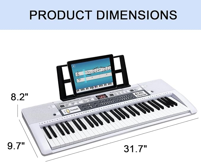 61 Key Electronic Keyboard Piano with Lighted Up Keys, Musical Mini Keyboard Piano with keyboard stand, Digital Portable Synthesizer Keyboards for Beginners Kids Adults (white)