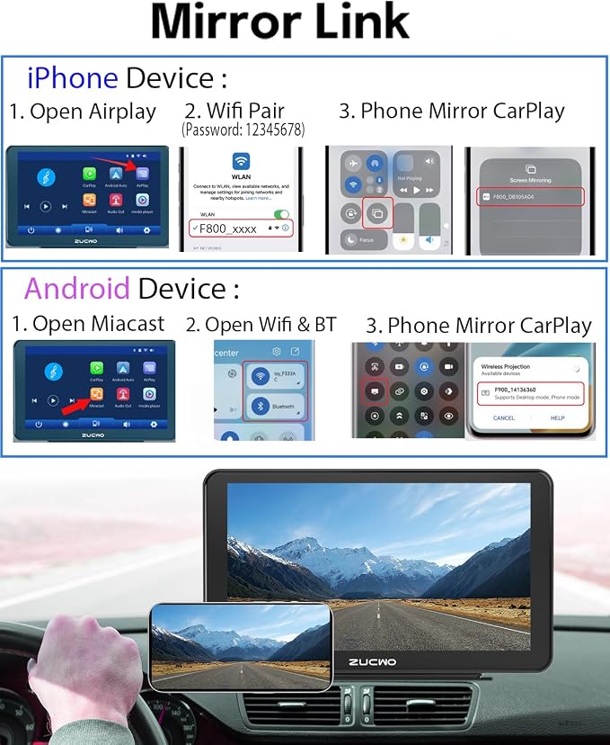 10.26 Inch Wireless CarPlay Screen for Car, Apple CarPlay & Android Auto Touch Screen with Rear Camera, BT Music, Navigation, Voice Control for Vehicles