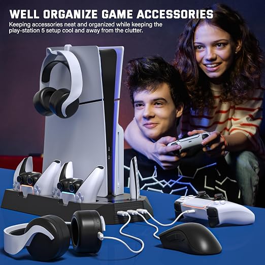 PS5 Slim Cooling Station with Controller Charging Station for PlayStation 5 Console Slim&Standard Disc/Digital, PS5 Cooling Stand Accessories with Cooler Fan/3 USB Hubs/Media&Headset Holder - Black