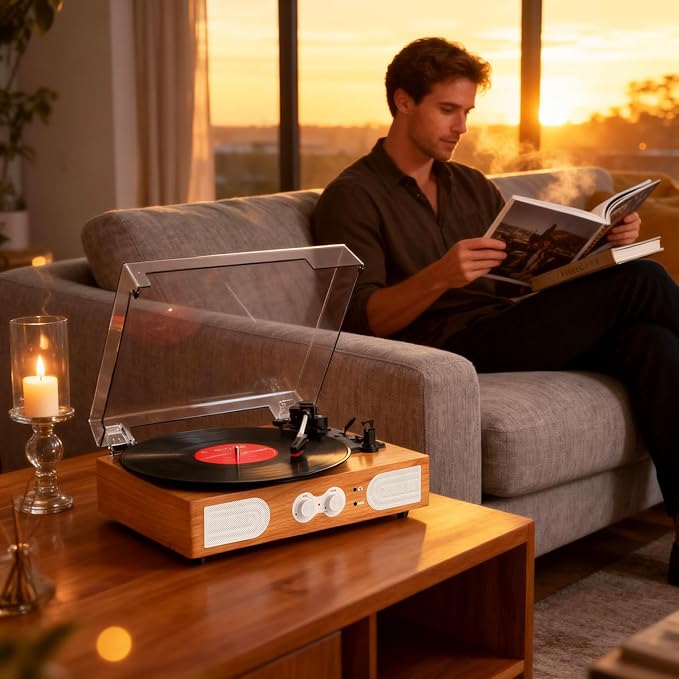 Vinyl Record Player with Built-in Speakers 3-Speed Vintage Record Player Support Treble& Bass Control, 3.5mm Headphone Jack, RCA-Out/Aux in, Belt-Driven LP Turntable,Natural Wood