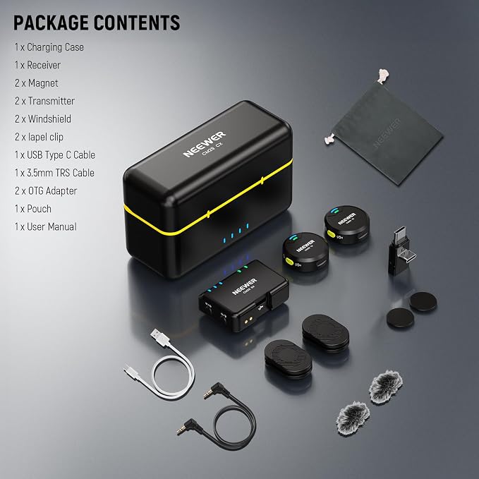 NEEWER CM29 Mini Wireless Microphone, 48KHz/24Bit Noise Cancelling Clip On Lav Mic, 25H Battery, 150m Range, Compatible with iPhone iPad Android DJI Insta360 Camera PC Mac (1RX+2TX+Charging Case)