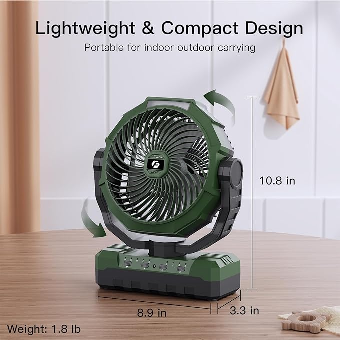 FRIZCOL 3-in-1 Camping Fan - Portable Fans Rechargeable - 36000mAh Battery Powered Fan with Light & Remote for Indoor, Outdoor, Tent, Travel, Fishing, Jobsite, Gifts for Men Dad Him - Green