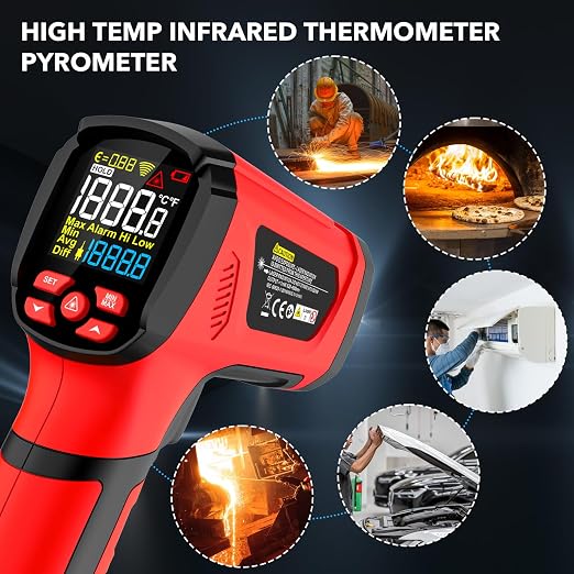 Infrared Thermometer Temperature Gun, -40℉-3632℉, Non Contact Digital Laser Thermometer Pyrometer 50:1 High Temp with Color LCD Display for Industrial HVAC Forge Metal Smelting