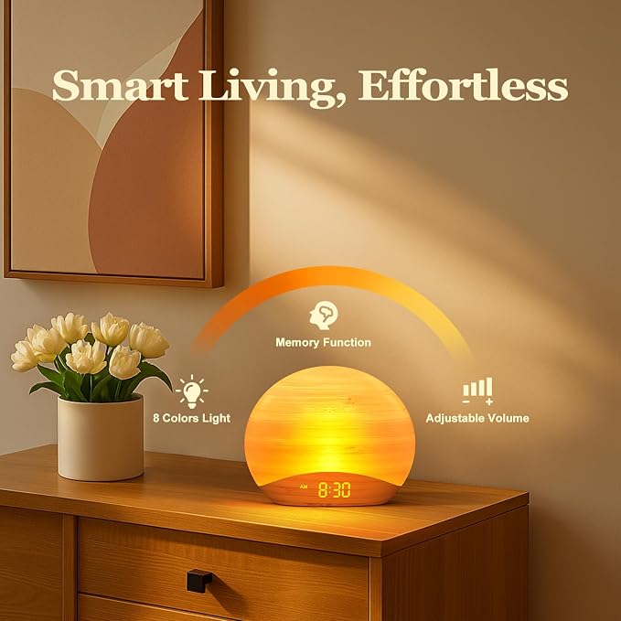 REACHER Sunrise Alarm Clock with Bluetooth Speaker & FM Radio, Gradual Wake Up Light, Digital Dimmable Clock, Bedroom Lamps, 8 Color Night Lights, Home Decor, Wood Clock for Adult, Kid