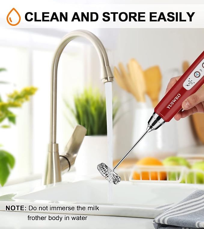 YUSWKO Red Handheld Milk Frother Wand for Coffee, Rechargeable Electric Whisk with 3 Heads 3 Speeds Drink Mixer Coffee Frother For Latte, Cappuccino, Hot Chocolate, Egg