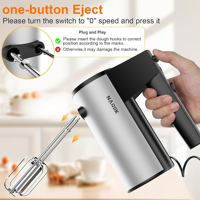 Electric Hand Mixer, Kitchen Handheld Mixer, Turbo Boost/Self-Control Speed + 5 Speed + Eject Button + Stainless Steel Hand Beaters*2 & Dough Hooks*2, Kitchen Mixer for Cream/Cookies/Dough