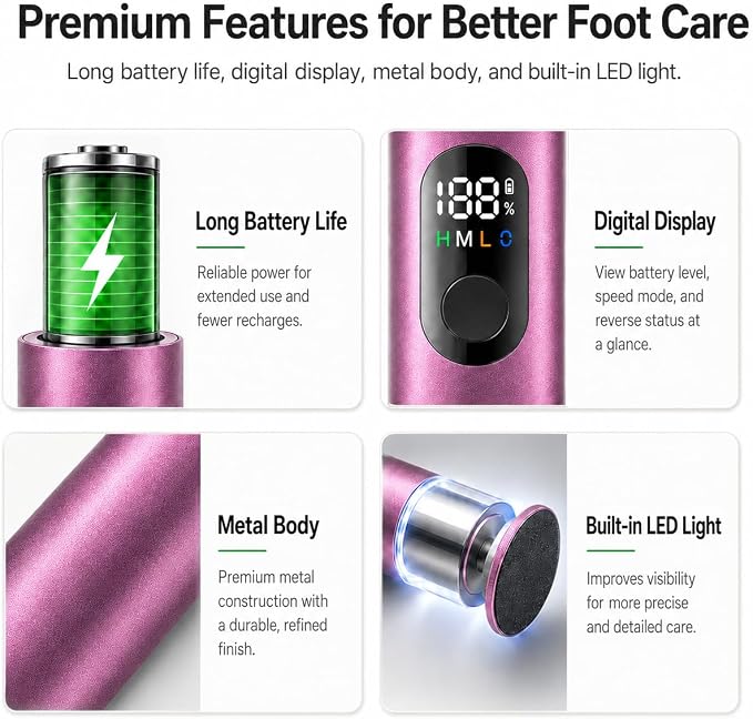 SUFU SUFU 2 in 1 Electric Foot Callus, USB Rechargeable Electric Foot File Grinder with Digital Display, Cordless Aluminum Pedicure Tools for Feet,Nail Care,Dead Skin (Pink)
