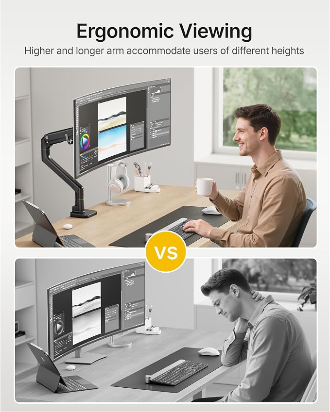 monTEK Heavy-Duty Monitor Arm for 17-57" Ultrawide Curved Screen, Supports up to 59.4 lbs, Adjustable Gas Spring Arm, 75/100 VESA Mount, Clamp & Grommet Desk Monitor Mount Single, Black