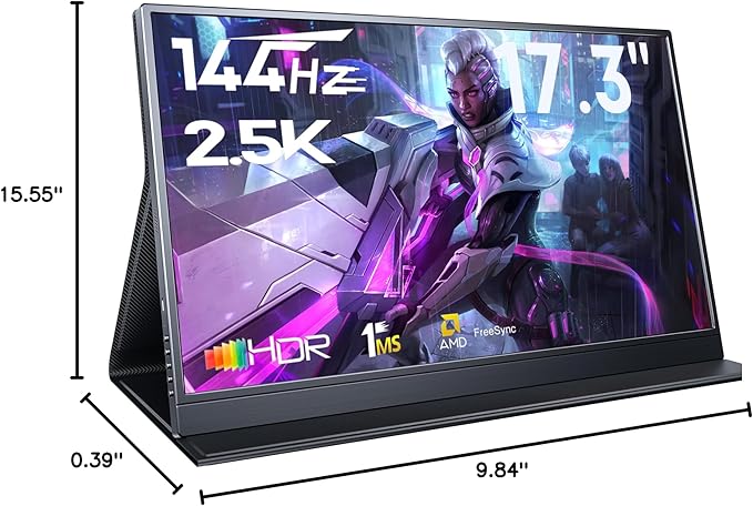 Portable Gaming Monitor, 17.3" 2.5k 144HZ IPS Portable Laptop Monitor, Second Screen Dual USB C HDMI Computer Gaming Display with Speakers & Smart Cover, Travel Monitor for PC Phone PS4/5 Xbox Switch