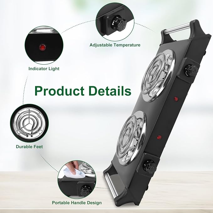 Portable Stove Electric, 2000W Double Burner Electric Cooktop with Coil Hot Plate & Stay Cool Handles, 5 Level Temperature Control, Cooking Stove for Home RV Camping