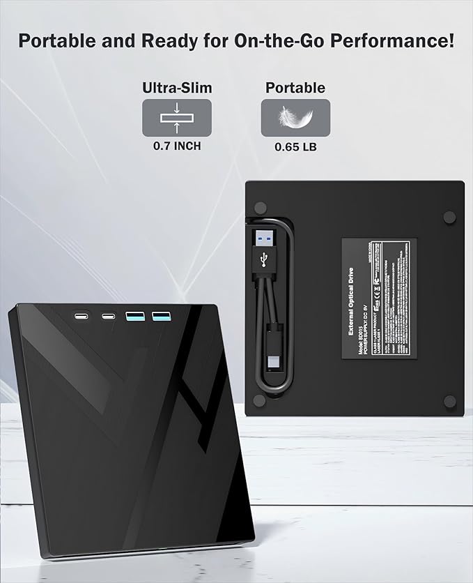 Wbacon 7 in 1 External CD/DVD Drive for Laptop, Portable DVD Player for Laptop with SD/TF Port, External DVD Drive with USB 3.0/Type C, CD Drive USB for PC Windows Linux