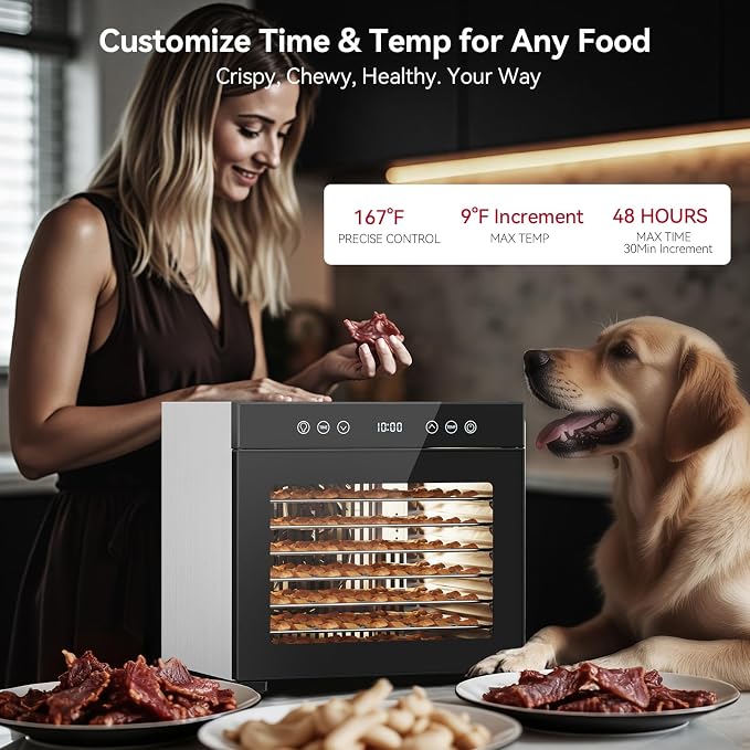 Food Dehydrator 650W, 8 Stainless Steel Tray Dehydrating Machine with Digital Timer & Temp Control (95℉-167℉), Quiet Powerful Jerky Dryer for Beef, Fruits, Herbs, Dog Treats, Veggies