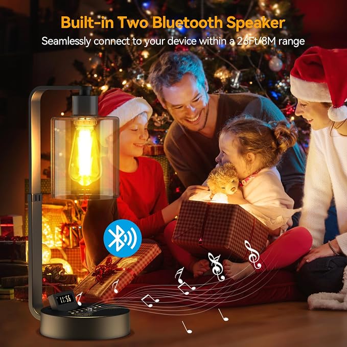 Aialun Industrial Table Lamp,Dimmable Bedside Lamps Nightstand for Bedroom USB A/C Charging Ports,Alarm Clock Bluetooth Speaker Lamp,Adjustable Height 2700K Warm Light Desk Touch Lamp for Living Room