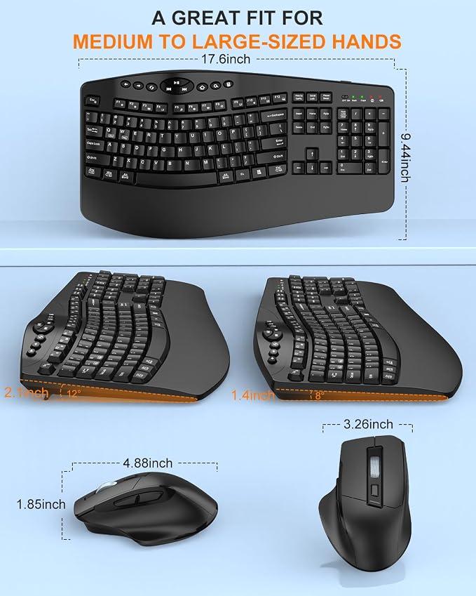 Ergonomic Wireless Keyboard and Mouse Combo, 2.4GHz Full Size Wave Keys Computer Keyboard with Wrist Rest for Natural Typing, Silent 6 Button USB Mouse for Laptop PC Windows Mac