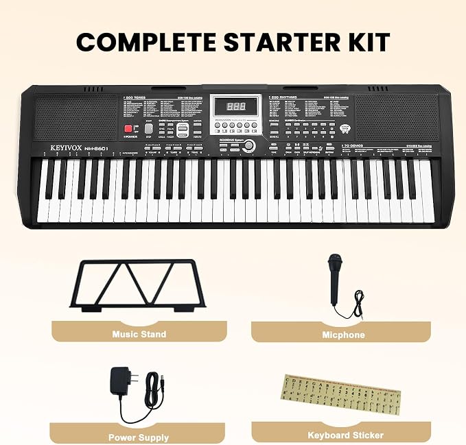 33" 61-Key Electronic Keyboard Piano for Beginners with 200 Tones & Rhythms, Microphone, Learning Features, and Piano Note Stickers, Digital Music Keyboard for Adults