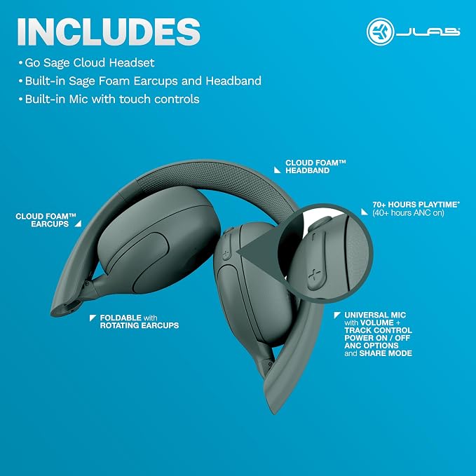 JLab Go Lux ANC, On Ear Headphones, Active Noise Cancelling, Bluetooth, MultIPoint Connection, Sage