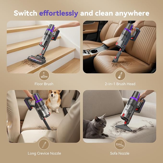 TechRise Cordless Vacuum Cleaner,450W 40Kpa Vacuum Cleaners for Home,Up to 60 Min Runtime,Tangle-Free Brush,8-in-1 Versatile & Self-Standing for Hardwood Floors, Carpets, Pet Hair