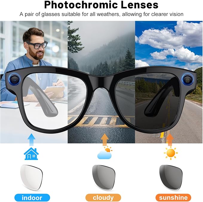 Smart Glasses with Camera with 3600mAh Charging Case, 8MP HD Video Recording with Anti-Shake POV Camera, AI Voice Assistant, AI Smart Glasses with AI Translation for Travel Vlog Business