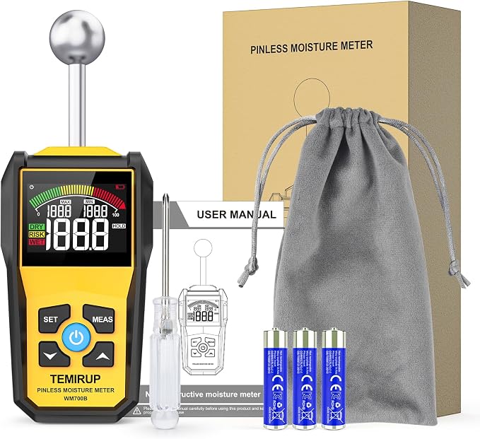 Moisture Meter, TEMIRUP Pinless Moisture Meter –Wood Moisture Detector for Walls, Drywall, Firewood & Concrete, Digital Moisture Tester with 3-Color LCD Display Reader, Audible Alarm & Hold Function