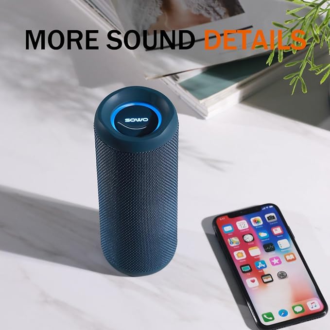SOWO Portable Bluetooth Speaker, IPX7 Waterproof Wireless Bluetooth Speaker | Bassboom Technology, 25W Loud Stereo Sound, LED Light with TWS Pairing, 16H Playtime for Home and Outdoor -Blue