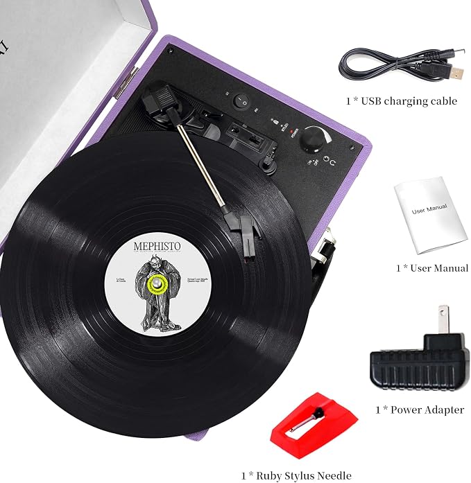 Record Player 3 Speed Vinyl with Bluetooth Vintage Turntable Built in Battery Portable Suitcase Support Aux in RCA Line Out Headphone Jack Purple