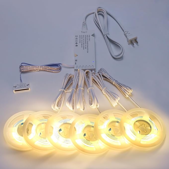 COB LED Strip Lights 12V,6-in-1 Door Sensor Control Under Cabinet Lighting Kit with 60W Adapter 6.56Ft Flexible LED Tape Light for DIY Wardrobe, Shoe Racks, Display Cabinets, Kitchen Cabinets