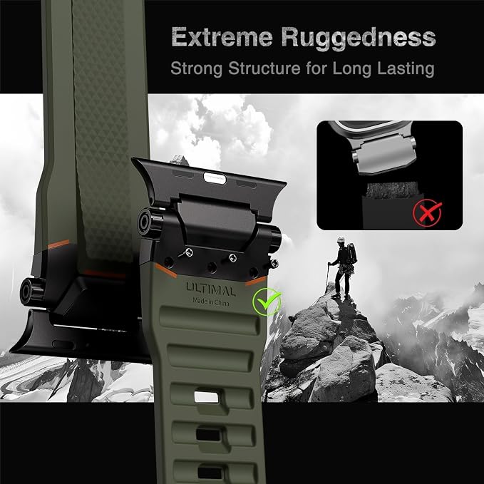 ULTIMAL Rugged Band for Apple Watch Ultra 3/2/1 49mm, Series 11/10/9/8/7/6/5/4 SE 46mm/45mm/44mm, Waterproof, Soft TPU Strap with Stainless Steel Buckle & Connectors, Sweat-Resistant, Easy to Clean, Fits 155-225mm Wrist (Black/green)