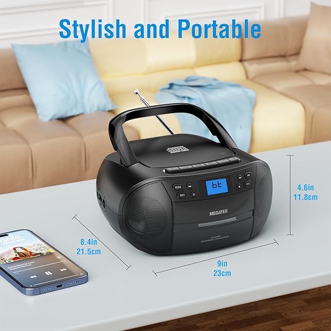 MEGATEK CBR510 Portable CD/Cassette Player Boombox with Bluetooth, AM/FM Radio, USB Playback, AUX Input, Headphone Jack, LCD Display, AC/Battery Powered Stereo System for Home