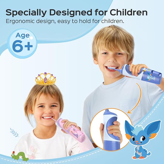 COSLUS C31 Cordless Water Flosser for Kids, Cute Water Dental Pick for Teeth, Braces, Gums Care - 4 Modes for Users Ages 6+, Safe & Gentle, Rechargeable, Waterproof, Portable for Travel, Blue White