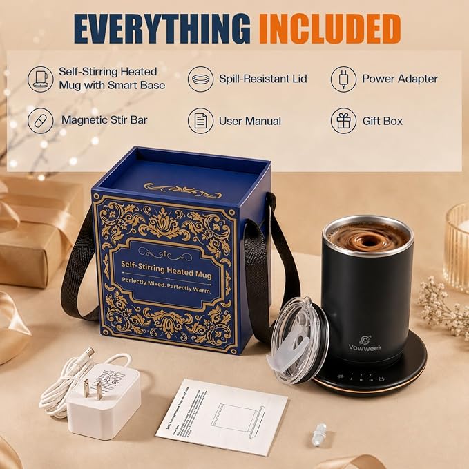Self Stirring Heated Coffee Mug, 10 oz Auto Magnetic Mixing Cup, Black | 304 stainless steel interior. Includes 3 heat settings, 8H auto shut-off, plug-in base for home office desk
