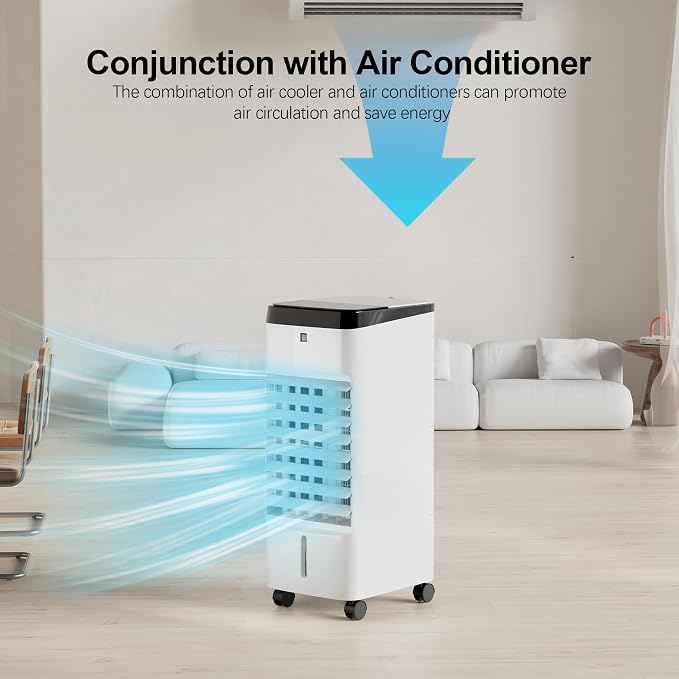 Uthfy Portable Air Conditioners, 3 IN 1 Evaporative Air Cooler with Detachable Water Tank, 6 Ice Packs, 12H Timer, 120° Oscillation, Remote, 3 Speeds, 4 Modes, Swamp Cooler for Bedroom, Milky White