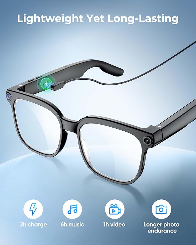 AI Smart Camera Glasses, 1080P HD Video + 8MP Photo, Bluetooth Open Ear Music & Calls, Interchangeable Sunglasses/Clear Lenses, No Subscription, for Travel & Vlogging
