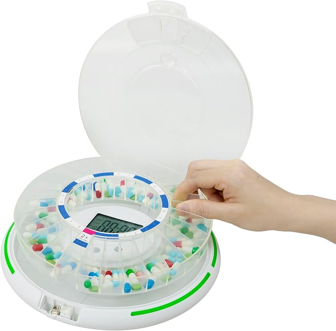 Automatic Pill Dispenser,Lock 28-Day Medication Organizer, Up to 6 Doses Per Day, 6 Dosage Templates, Sound & Light Alerts & Key for Vitamins, Supplements (Frosted Lid)