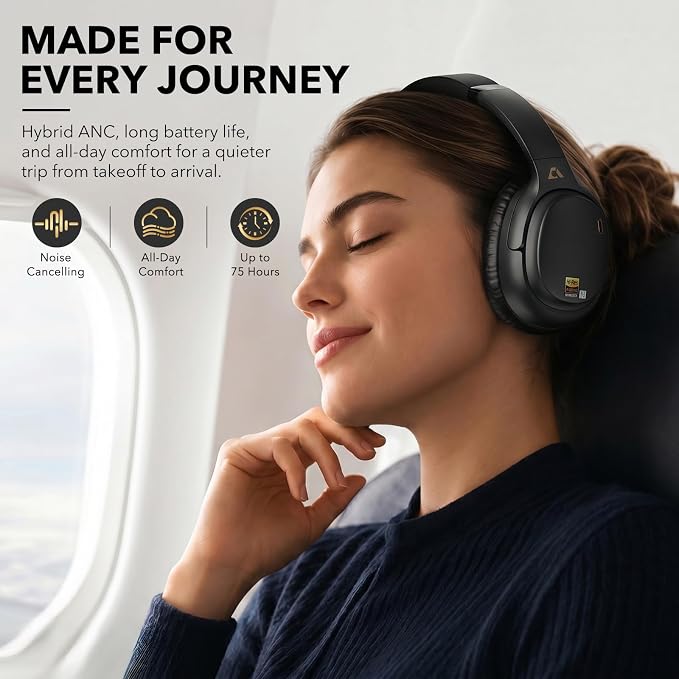 1Mii E700 Noise Cancelling Headphones Bluetooth Wireless Hi-Res LDAC,Black | Hybrid ANC, 75H Battery, Deep Bass, Comfortable Over Ear for Commuters & Traveler, aptX Low Latency for TV & Airplane