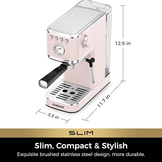 CHULUX Slim Espresso Machine with Milk Frother, 20 Bar Professional Italian Pump Espresso Coffee Machine for Home Cappuccino & Latte Maker, Stainless Steel, Pink