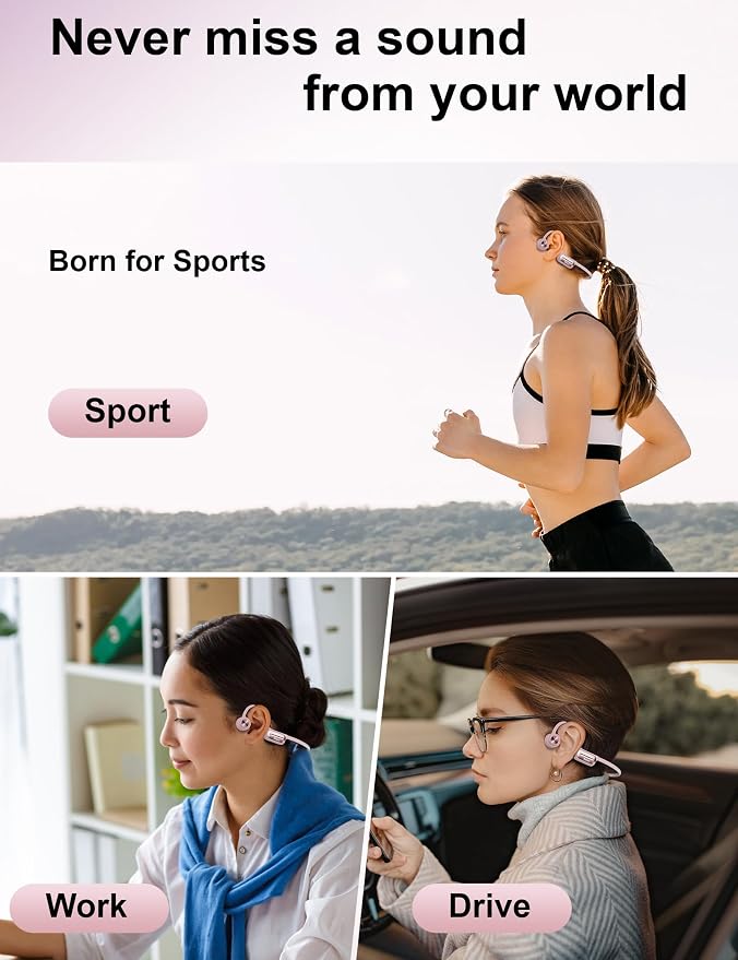 Bone Conduction Headphones, Open Ear Headphones with MP3 Mode 32GB, 10Hrs Playtime IP68 Waterproof Swimming Headphones Secure Fit for Running, Cycling, Work, Gift(Pink)