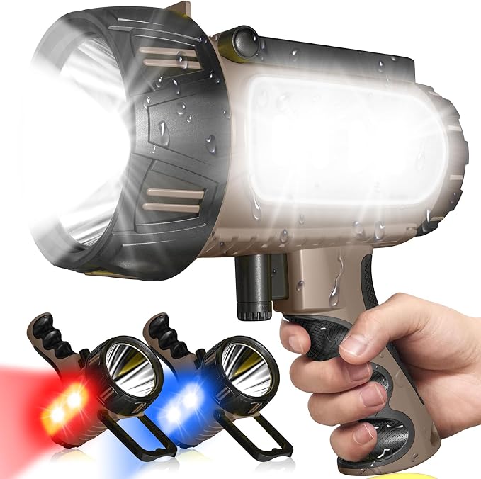 2026 New 300,000 Lumen Super Bright Spotlight,Rechargeable Flashlight Handheld Spotlight,Spot Light Outdoor Runtime 72+ Hrs,Flashlight Searchlight Flood Camping Hunting Boating with Tripod